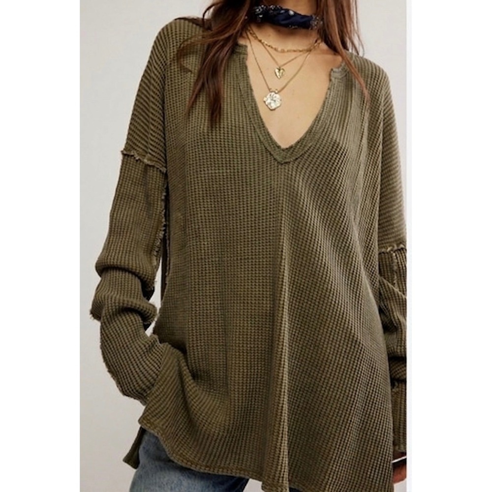 Free People We The Free Olive Green Waffle Knit Split Back Thermal Top XS